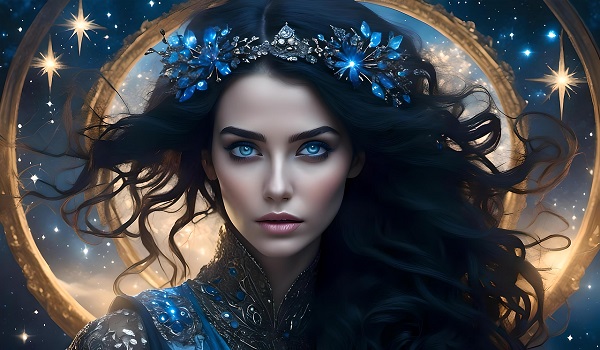 ilustratie generata AI, femeie frumoasă cu accesorii albastre și aură intr-un cadru cosmic