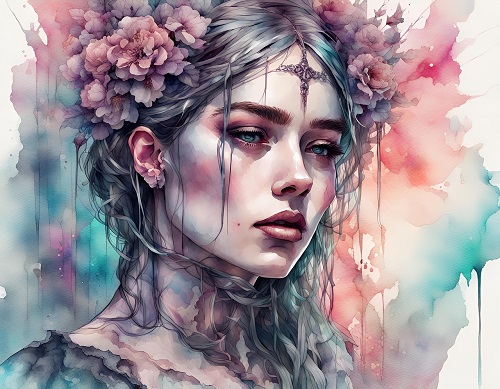 ilustratie generata AI, portret de femeie tânără tristă cu o cruce pe frunte
