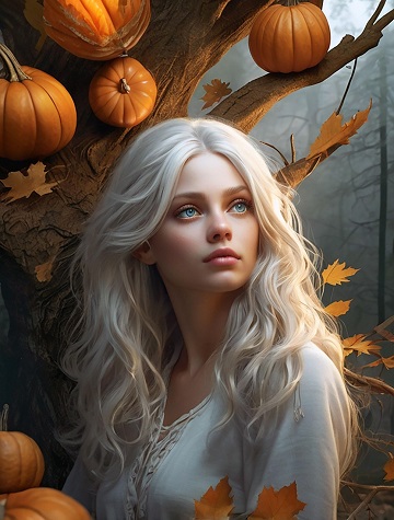 ilustratie generata AI, femeie tânără, tristă, într-un peisj de toamnă cu dovleci și frunze de toamnă