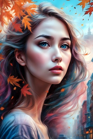 ilustratie generata AI, femeie tristă toamna, intr-un cadru urban