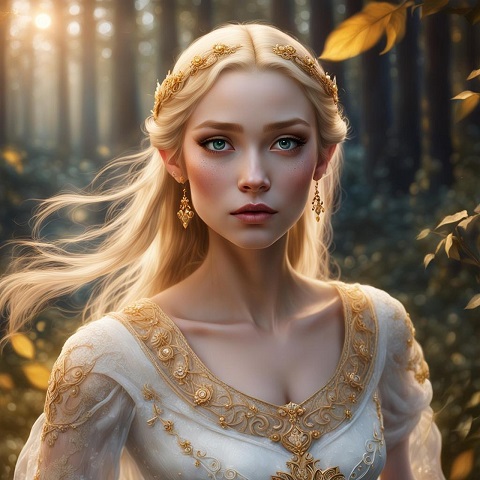 ilustratie generata AI, printesa în rochie albă în pădure toamna