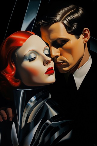 ilustratie generata AI, tip art deco, cuplu cu partenera cu parul roscat