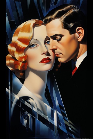 ilustratie generata AI, tip art deco, cuplu cu partenera blonda, gânditoare