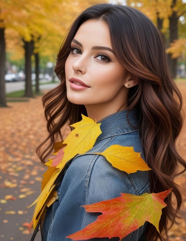 ilustratie generata AI, femeie frumoasa cu frunze galbene căzute pe umăr