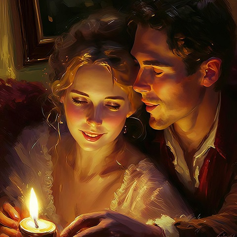 ilustratie generata AI, cuplu intr-un moment de intimitate seara, aprinzând o lumânare 
