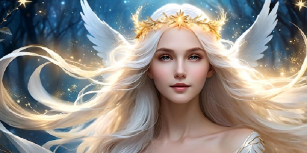 ilustratie generata AI, femeie-inger cu diadema aurie pe cap