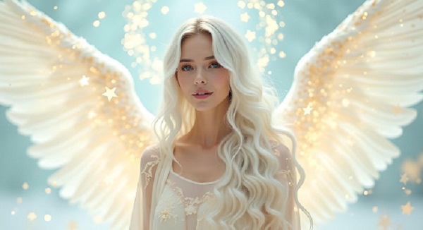 ilustratie generata AI, femeie-inger blonda, inconjurata de stelute