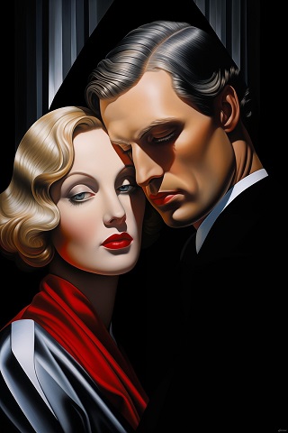 ilustratie generata AI, art deco, cuplu într-un moment de tandrețe