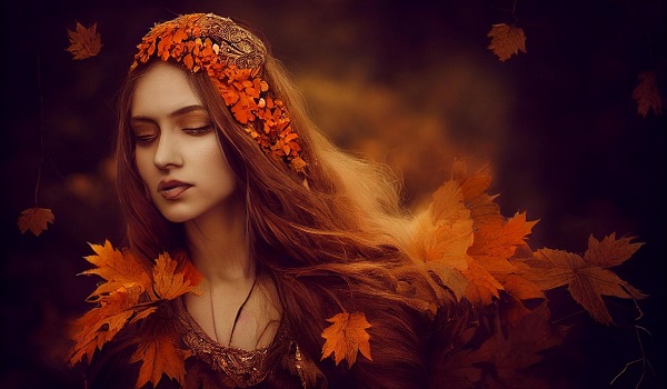 ilustratie generata AI, femeie cu ochii inchisi și fiind inconjurata de frunze ruginii de toamna
