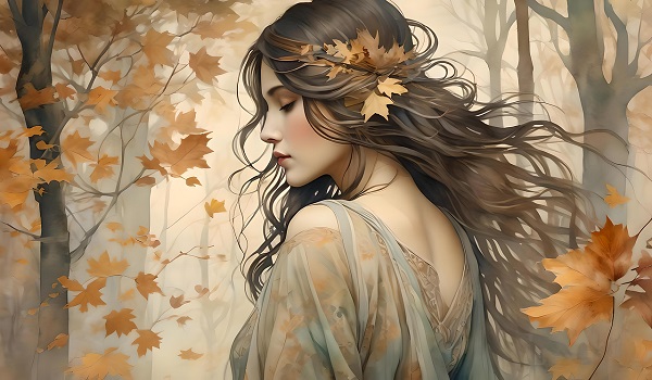 ilustratie generata AI, femeie tânără, frumoasă, cu coroana de frunze de toamna pe cap in padure