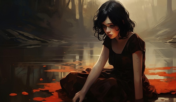 ilustratie generata AI, femeie tanara trista, in rochie neagra, stand pe jos la malul unei ape