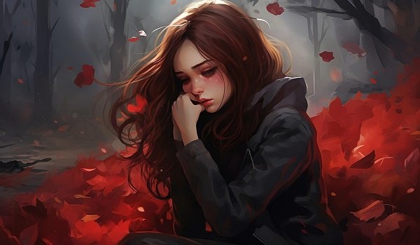 ilustratie generata AI, femeie tânără, roșcată, trista, stand pe jos intr-un cadru de toamna cu frunze roșii