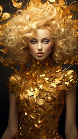 ilustratie generata AI, femeie blonda cu tinuta aurie si inconjurata de decor auriu