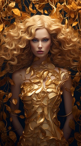 ilustratie generata AI, femeie cu parul lung, ondulat, in tinuta aurie inconjurata de frunze aurii artificiale