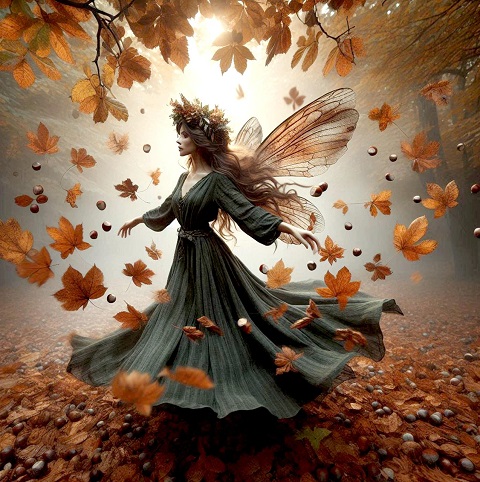 ilustratie generata AI, zână-elf învârtindu-se și fiind înconjurată de frunze de toamnă