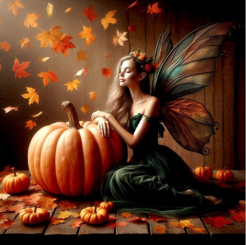 ilustratie generata AI, zana-elf stand lângă un dovleac