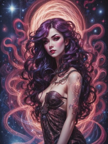 ilustratie generata AI, femeie mistica cu par negru si cret pe fundalul unor flacari