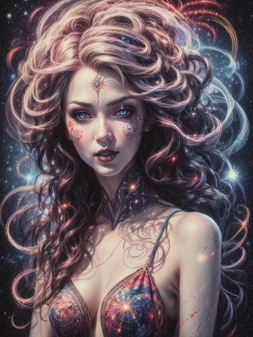 ilustratie generata AI cu o femeie frumoasa cu coafura rebela in Univers