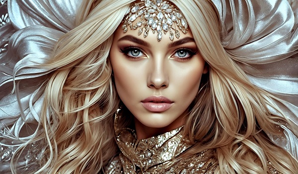 ilustratie generata AI, femeie frumoasa blonda, lux, accesoriu din pietre pretioase