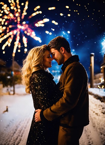 ilustratie generata AI, cuplu moment romantic in lumina artificiilor de Anul Nou