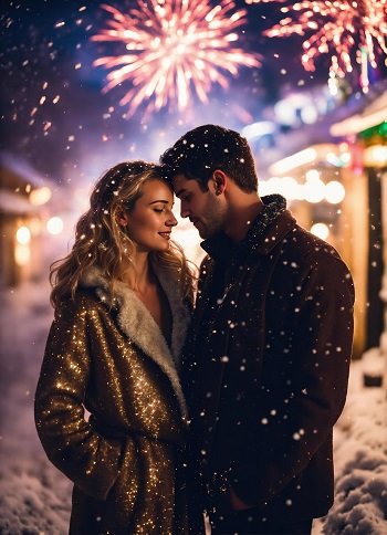 ilustratie generata AI, cuplu bucurandu-se de atmosfera de Anul Nou, de artificii in aer liber