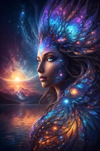 ilustratie generata AI, femeie fantastica, cu lumini strălucitoare pe față