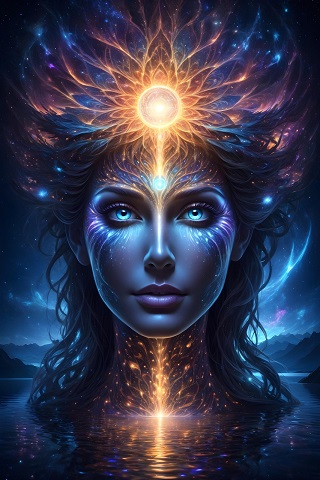 ilustratie generata AI, femeie fantastica cu lumini pe chip