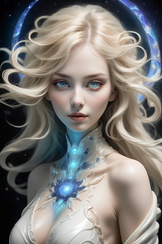 ilustratie generata AI, femeie tânără, blondă, înconjurată de o aură albastră