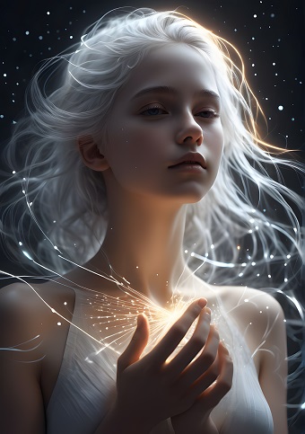 ilustratie generata AI, femeie mistica, cu lumina albă în jurul ei