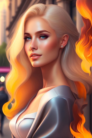 ilustratie generata AI, femeie frumoasa, imbracata in alb, avand flăcari in spatele ei