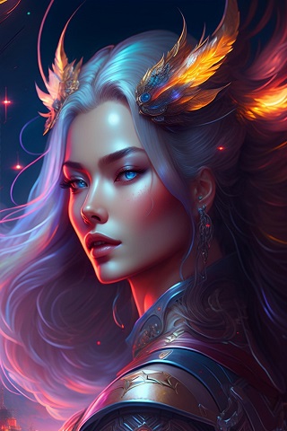 ilustratie generata AI, femeie mistica, cu parul lung si pene in păr