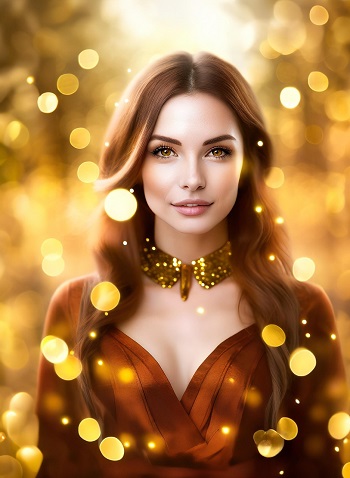 ilustratie generată AI, femeie frumoasă, zâmbitoare, înconjurată de luminițe aurii