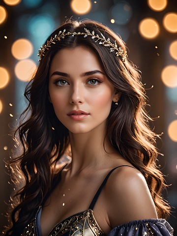 ilustratie generata AI, printesă cu diademă inconjurată de luminițe aurii