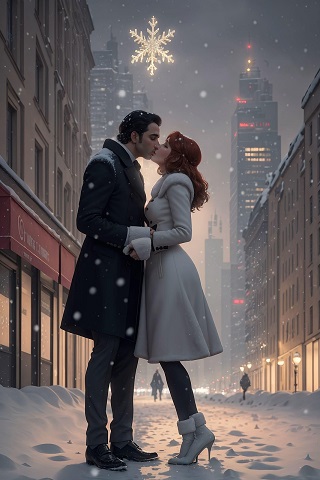 ilustratie generata AI, cuplu sărutându-se iarna, pe străzile unui oraș 