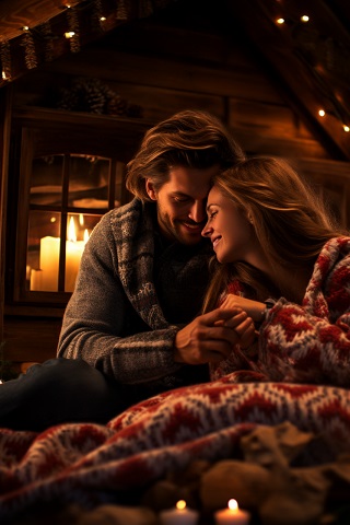 ilustratie generata AI, moment de tandrețe cuplu învelit în pătură într-o cabană
