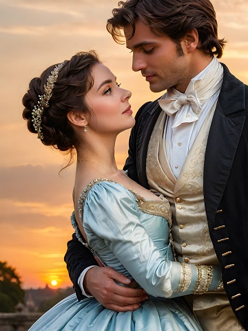 ilustratie generata AI, cuplu princiar, moment romantic la apusul soarelui