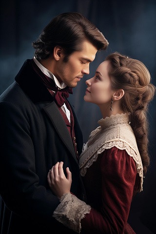 ilustrație generata AI, cuplu princiar intr-o ipostaza tandra