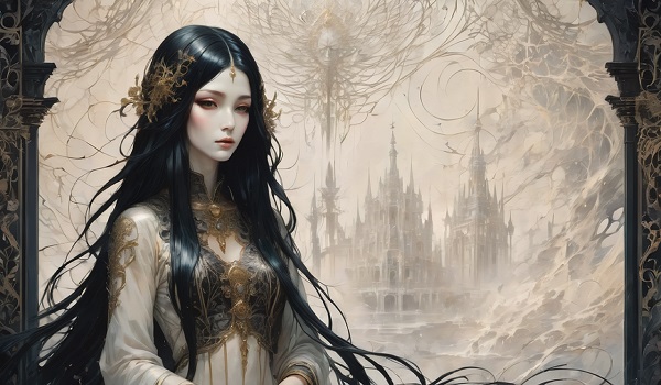 ilustratie generata AI, prințesă tristă lasă în urmă un palat