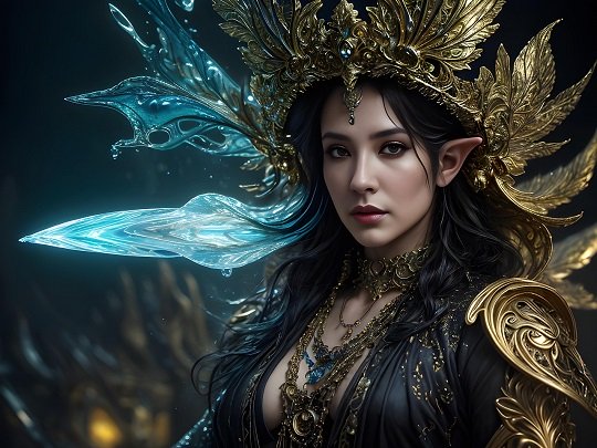 ilustratie generata AI, femeie-elf împodobită cu bijuterii fastuoase