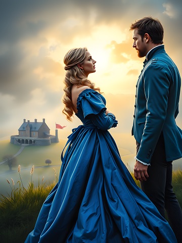 ilustratie generata AI, cuplu princiar intr-un colt de natura, departe de castel