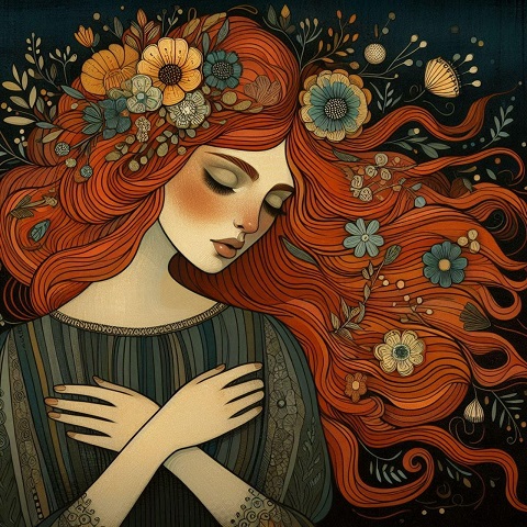 ilustratie generata AI, femeie cu părul roșcat, cu flori în păr, ținându-și mâinile încrucișate pe piept