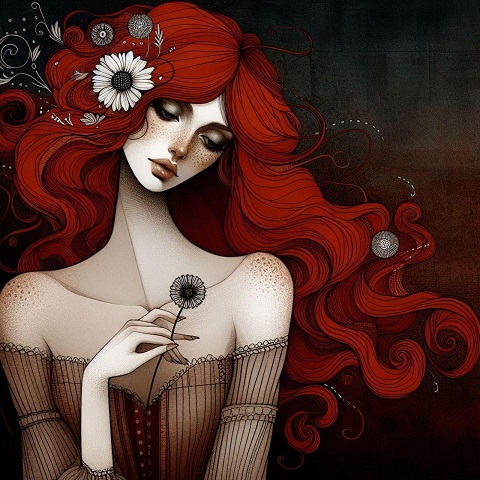 ilustratie generata AI, femeie tristă, cu părul roșcat și ținută decoltată, cu umerii goi