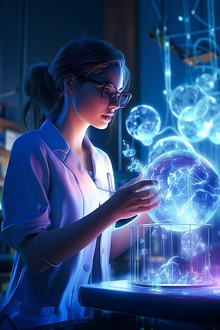 ilustrație generată AI, femeie-cercetător purtând ochelari  în timp ce se implică într-un experiment în laborator, cercetare medicală