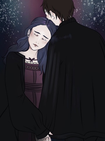 ilustrație generată AI, cuplu cu ținute închise la culoare, femeie stând cu ochii închiși și sprijinindu-și capul de umărul partenerului ei care stă cu spatele