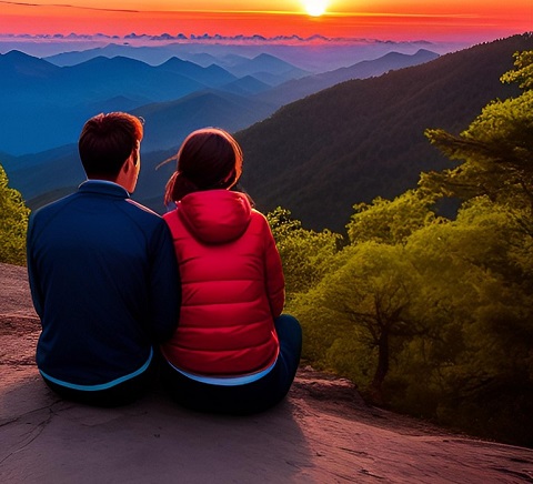 ilustrație generată AI, cuplu tânăr în excursie în natură stând pe o culme și admirând apusul soarelui