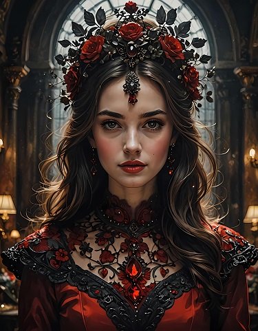 ilustratie generată AI, prințesă purtând pe cap o diademă cu trandafiri roșii, accesorii cu negru și roșu și rochie roșie, cu guler cu broderie neagră