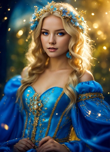 ilustrație generată AI, prințesă blondă, zâmbitoare, îmbrăcată în rochie albastră, cu ornamente aurii și purtând diademă cu flori albastre și cercei asortați