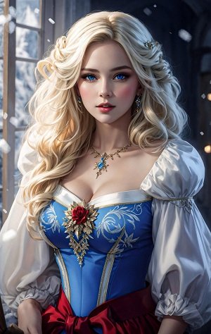 ilustratie generata AI, printesa blonda, cu ochii albastri, cu bijuterii cu pietre pretioase albastre, imbracata intr-o rochie cu corset albastru cu ornamente aurii, cu un ornament floare rosie si cu manecile albe