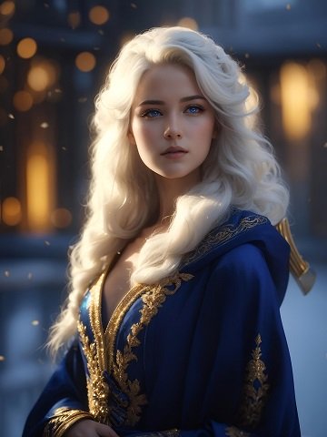 ilustratie generata AI, printesa blonda, cu ochii albastri, imbracata in rochie albastra cu ornamente aurii