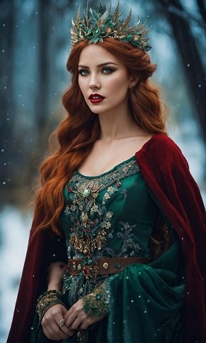 ilustrație generata AI, printesa celtica cu parul lung, roscat, intr-un decor de iarna, imbracata intr-o rochie verde cu ornamente aurii, cu mantie visinie si purtand o coroana cu motive florale verzi
